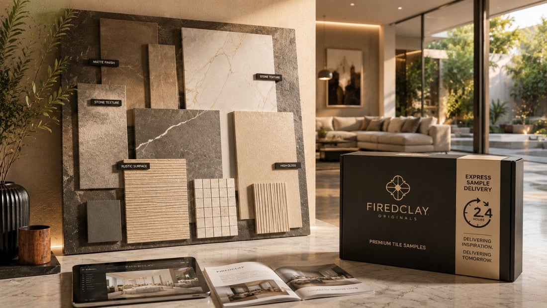 Premium tile samples with a luxury home interior and Firedclay Originals' 24-hour express sample delivery, showcasing modern material commerce and premium design.