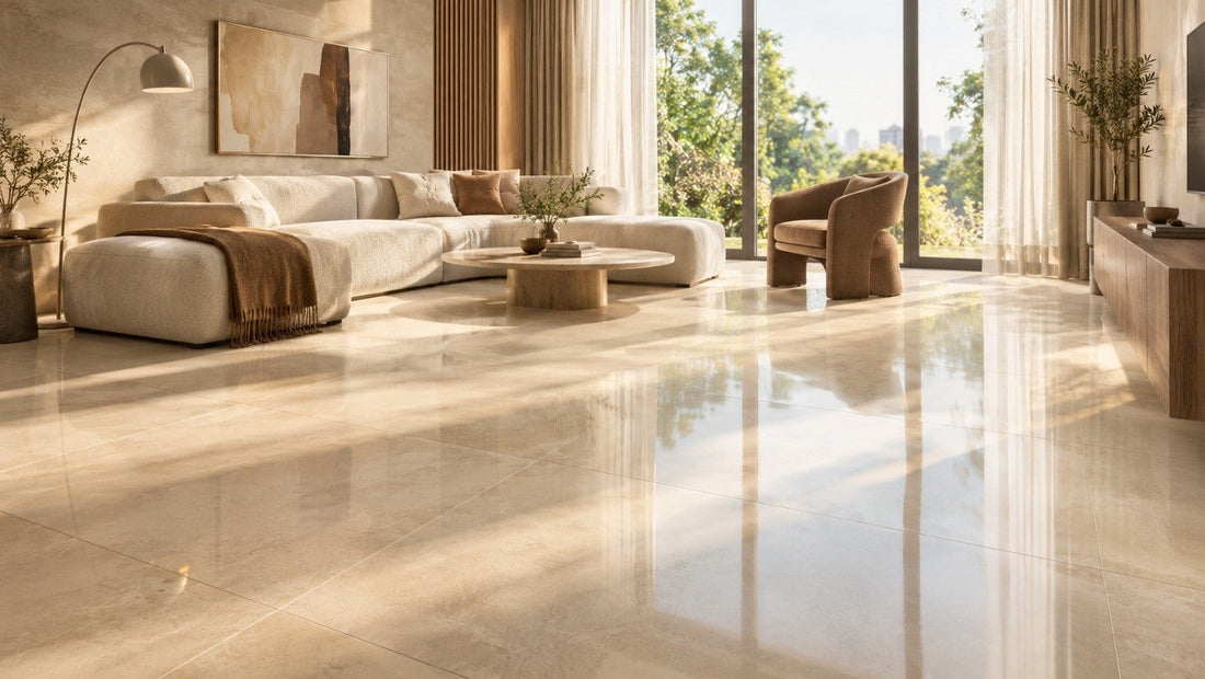Sunlight falling on porcelain tile flooring in a contemporary interior.