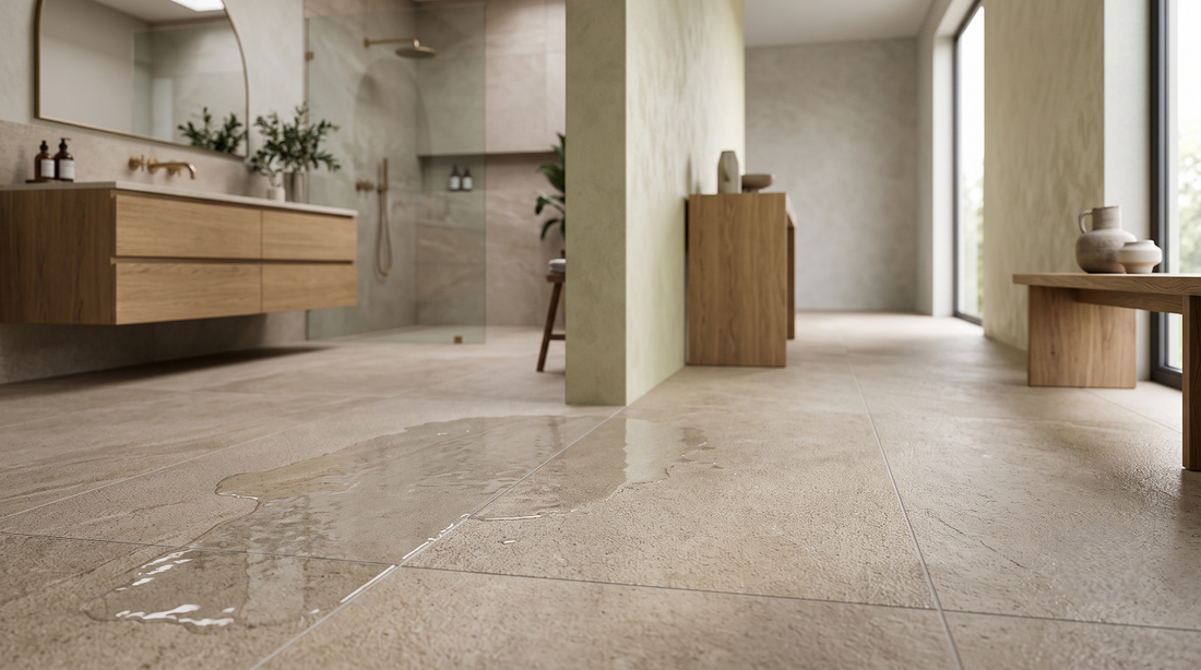 DCOF explained through slip-resistant floor tiles in a modern bathroom