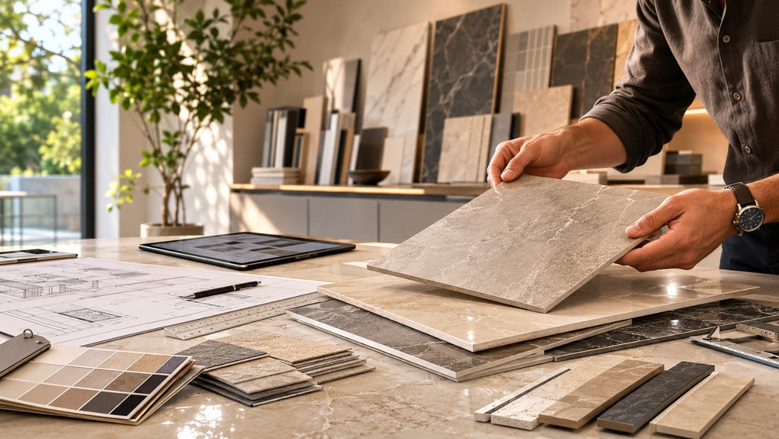 Architect evaluating premium tile quality and technical specifications before project specification