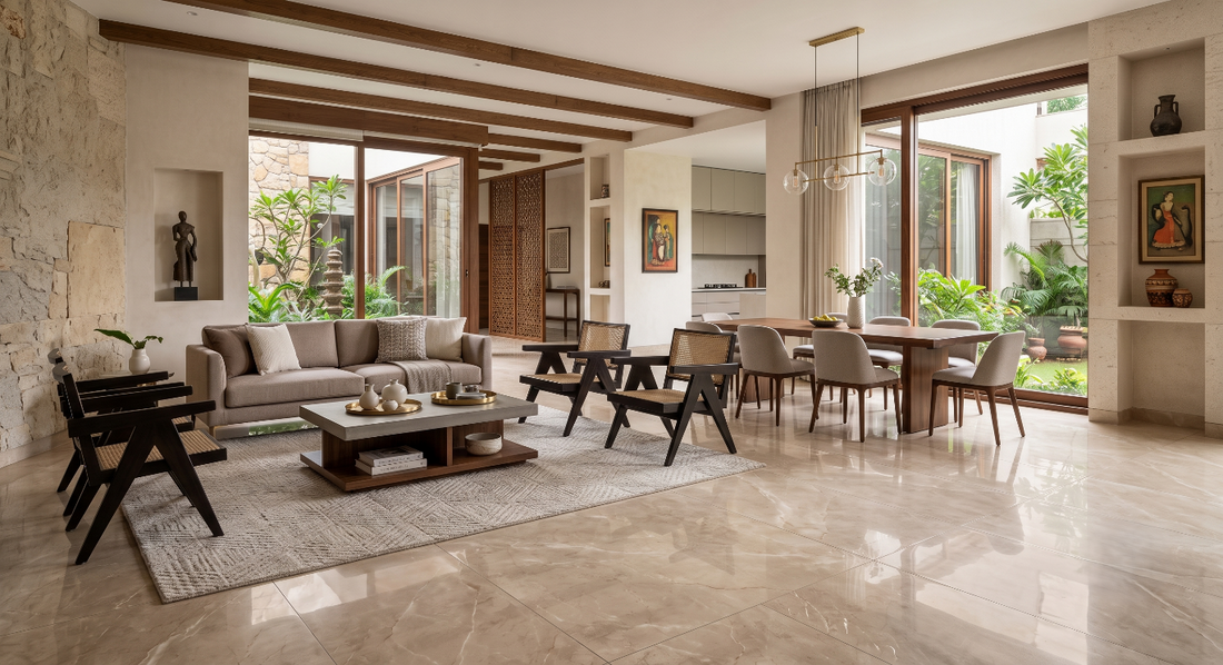 Premium vitrified tiles used as flooring in a contemporary Indian home
