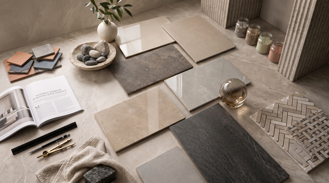 Types of tile finishes including glossy matte rustic and lappato surfaces