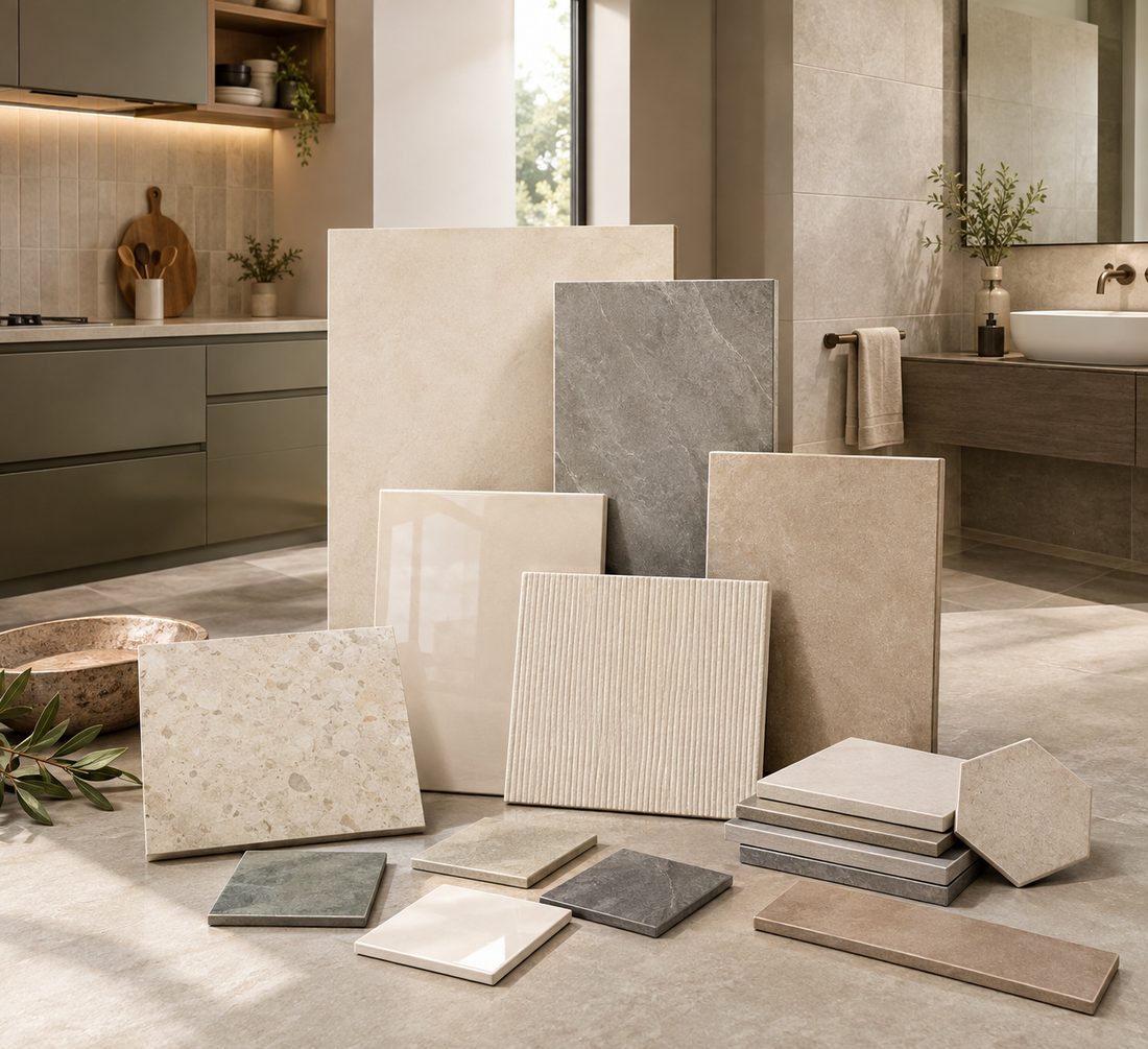 Ceramic tiles in different colours, textures and finishes